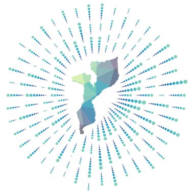 Mozambik çokgen güneş patlaması şeklindeki ülke haritası renkli yıldız ışınları Mozambik