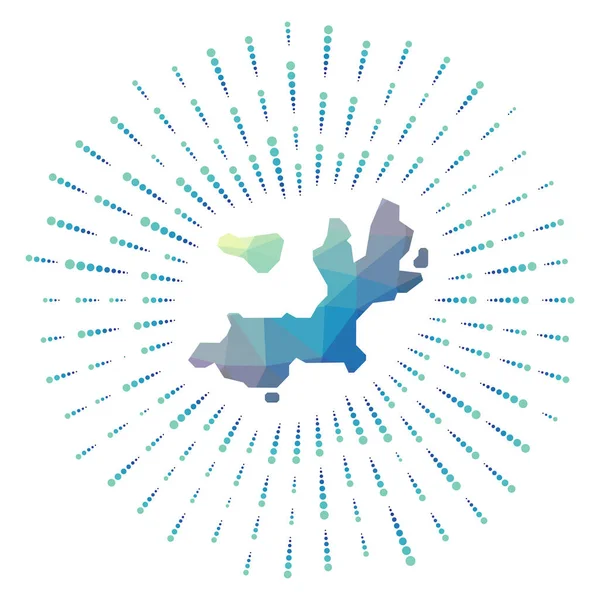 Forme du lever de soleil polygonal de l "île TerredeHaut Carte de l" île avec des rayons stellaires colorés — Image vectorielle