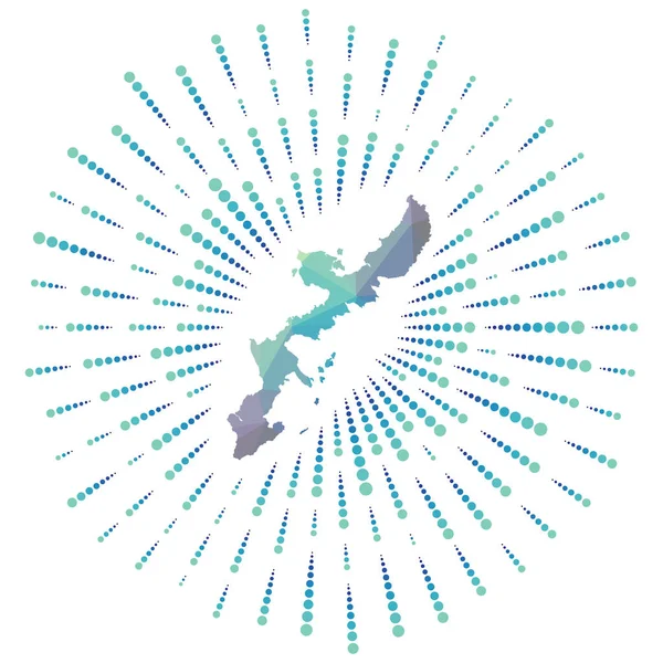 Shape of Okinawa Island polygonal sunburst Map of the island with colorful star rays Okinawa. — Vector de stock