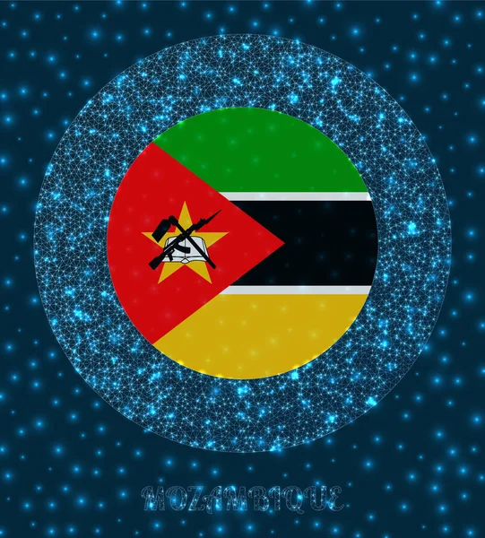 Round Mozambique badge Flag of Mozambique in glighting network mesh style Country network logo — стоковий вектор