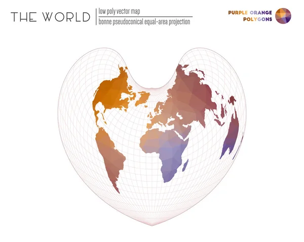 Абстрактна геометрична мапа світу Бонне псевдоконічна проекція площ світу Пурпуровий помаранчевий — стоковий вектор