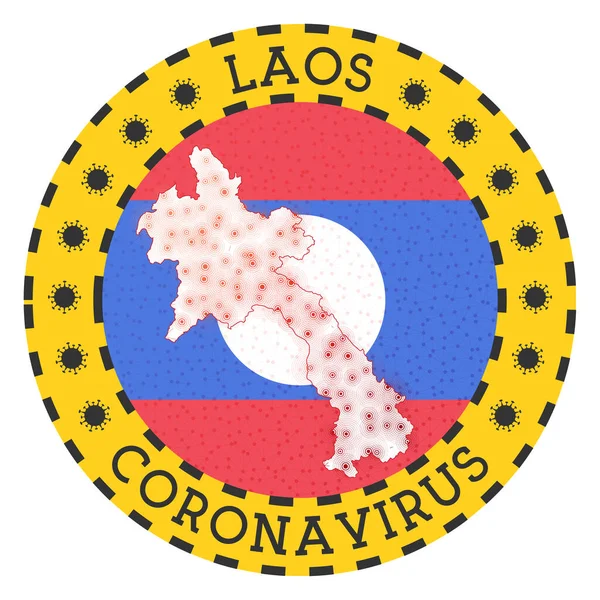 Coronavirus Laoszban aláírja Kerek jelvény alakja Laosz Sárga ország lezárása embléma címmel — Stock Vector