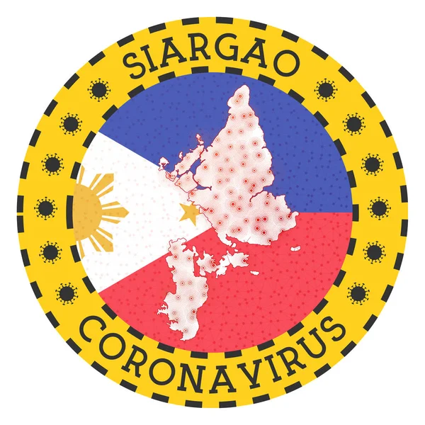 Siargaoのコロナウイルスサイン丸バッジSiargaoの形をした黄色い島のロックダウンエンブレム付き — ストックベクタ