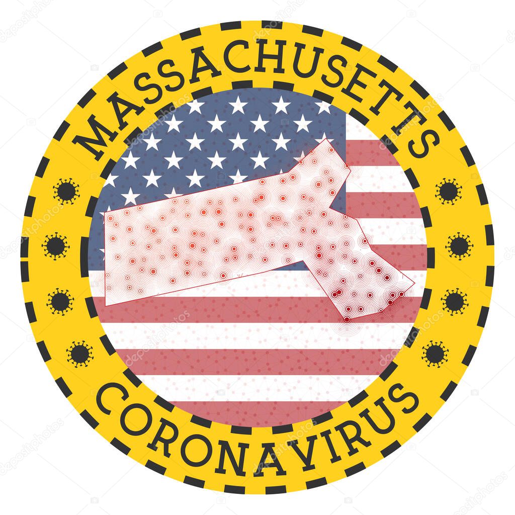 Coronavirus in Massachusetts sign Round badge with shape of Massachusetts Yellow us state lock