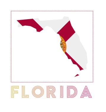 Florida Logo Haritası. Eyalet adımız ve bayrağımız. Vektör illüstrasyonuna başvuruyoruz.