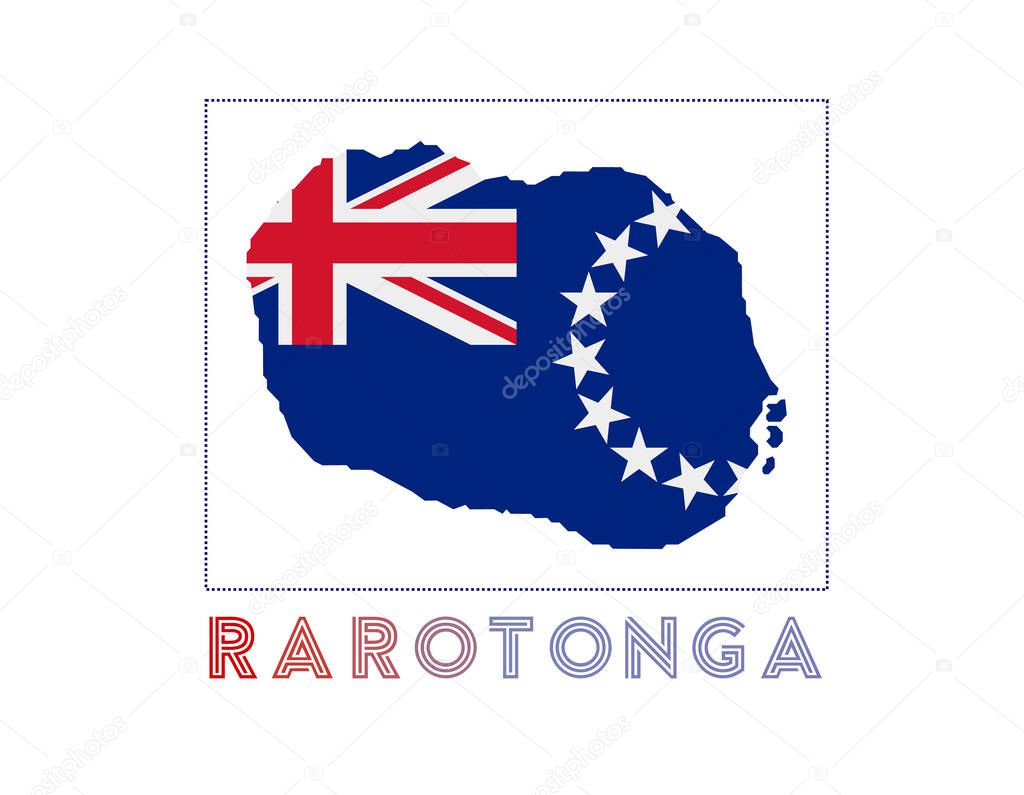 Rarotonga Logo Map of Rarotonga with island name and flag Captivating vector illustration