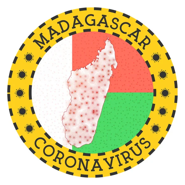 Coronavirus i Madagaskar tecken Rund bricka med form av Madagaskar Gul land lås — Stock vektor