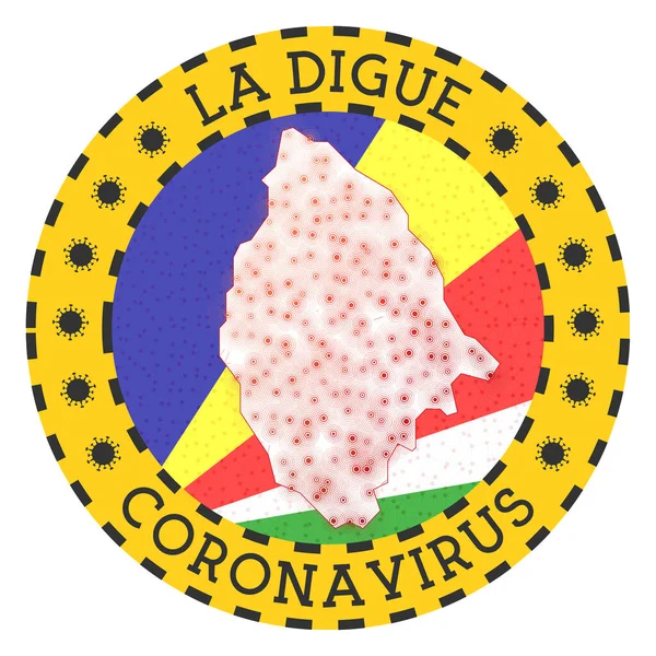 Koronawirus w znaku La Digue Okrągła odznaka w kształcie żółtej wyspy La Digue zablokować godło — Wektor stockowy