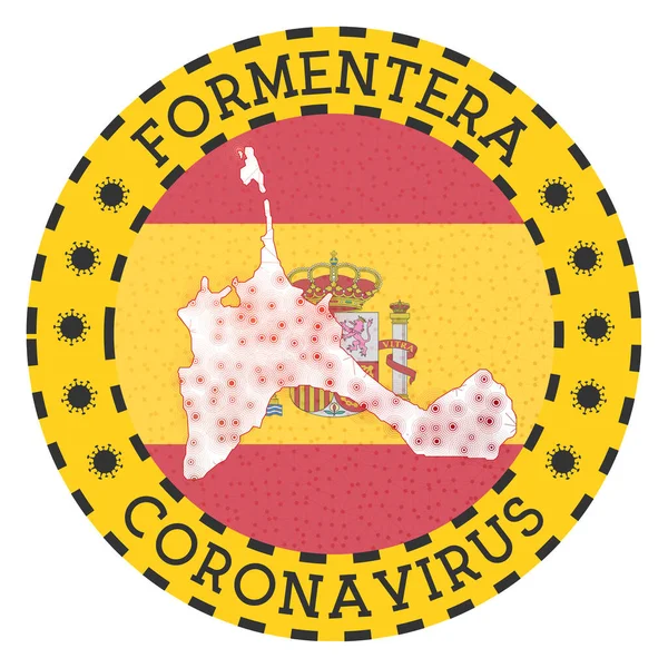 Wirus koronawirusu w znaku Formentera Okrągła odznaka z kształtem Formentera Żółta wyspa zablokować emblemat — Wektor stockowy