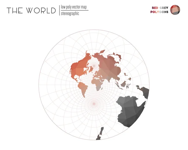 Polygonale kaart van de wereld Stereografisch van de wereld Rood Grijs gekleurde polygonen Hedendaags — Stockvector