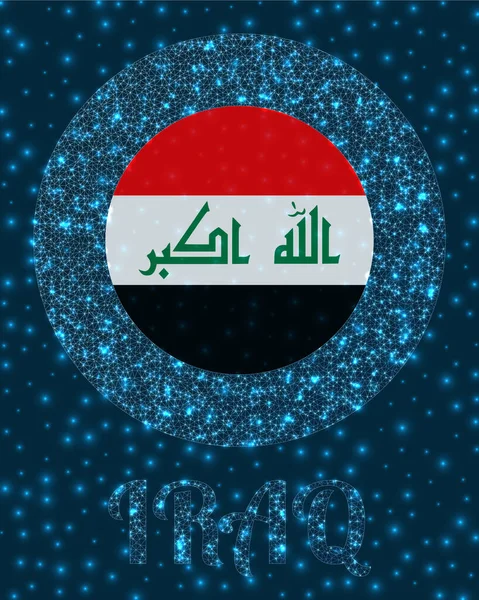 Round Iraq badge Vlajka Iráku v zářícím síťovém síťovém stylu Logo sítě Země Zářící vektor — Stockový vektor