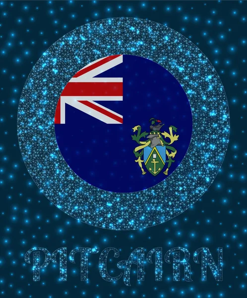Ronde Pitcairn badge Vlag van Pitcairn in gloeiende netwerk mesh stijl Landelijk netwerk logo Elegant — Stockvector