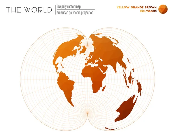 Vector kaart van de wereld Amerikaanse polyconische projectie van de wereld Geel Oranje Bruin gekleurd — Stockvector