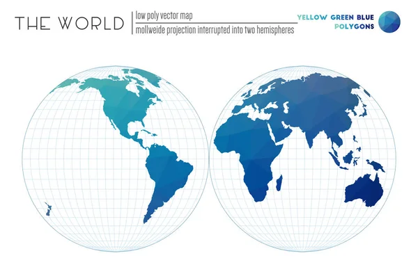 Vectorkaart van de wereld Mollweide projectie onderbroken in twee halfronden van de wereld Geel — Stockvector