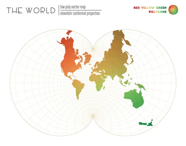 Carte du monde abstraite Eisenlohr projection conforme du monde Rouge Jaune Vert polygones colorés — Image vectorielle