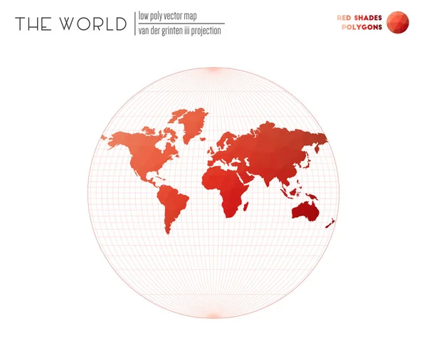 Abstract wereldkaart Van der Grinten III projectie van de wereld Rode Schaduwen gekleurde polygonen — Stockvector