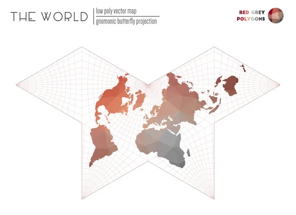 Mappa geometrica astratta del mondo Proiezione di farfalla gnomonica del mondo Poligoni di colore grigio rosso — Vettoriale Stock