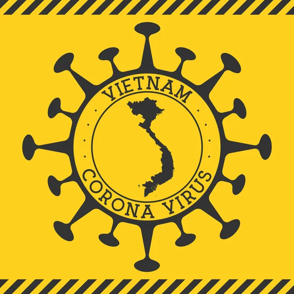 Virus Corona in Vietnam segno distintivo rotondo a forma di virus e Vietnam mappa Paese giallo — Vettoriale Stock