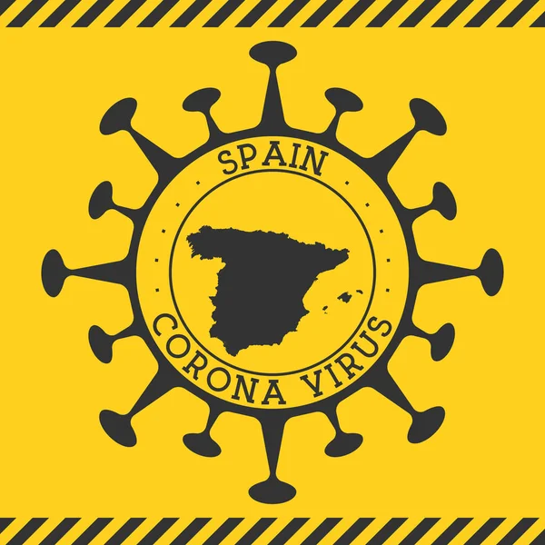 西班牙的Corona病毒签署了带有病毒形状的圆形徽章，西班牙地图显示了黄色国家的疫情 — 图库矢量图片