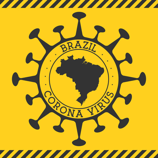 Corona virus in Brazil sign Round badge with shape of virus and Brazil map Yellow country epidemy