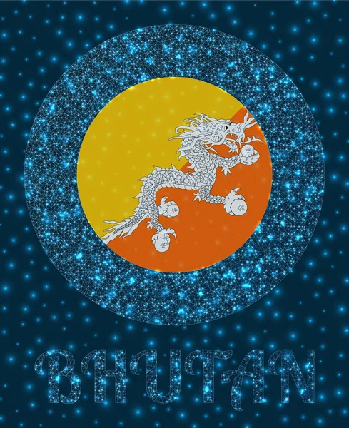 Kulatý bhútánský odznak Vlajka Bhútánu v zářivém síťovém stylu Logo sítě Země Kreativní — Stockový vektor