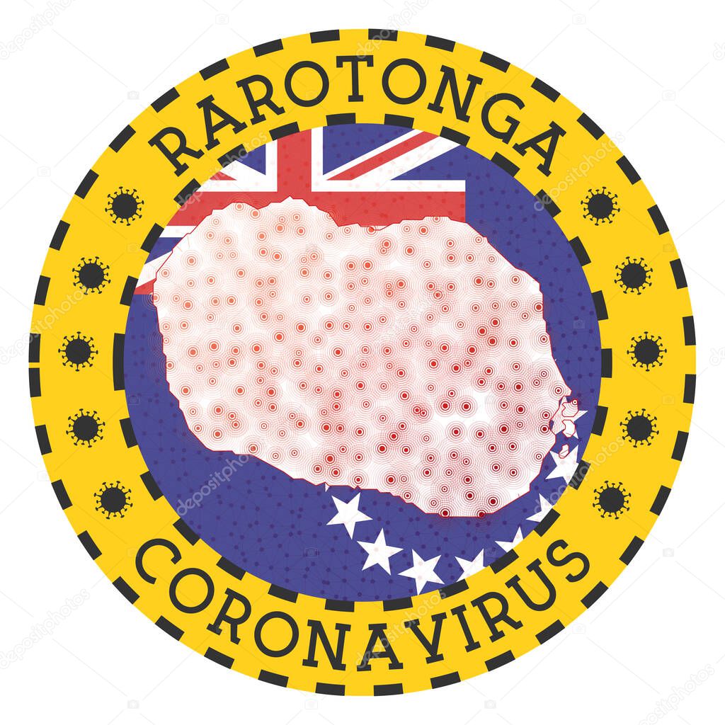 Coronavirus in Rarotonga sign Round badge with shape of Rarotonga Yellow island lock down emblem
