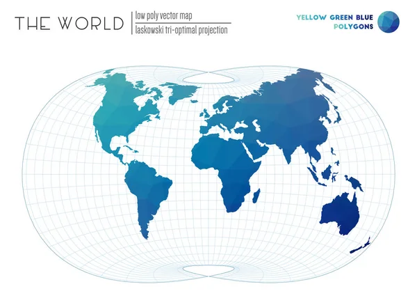 Mappa geometrica astratta del mondo Laskowski proiezione triottimale del mondo Giallo Verde Blu — Vettoriale Stock
