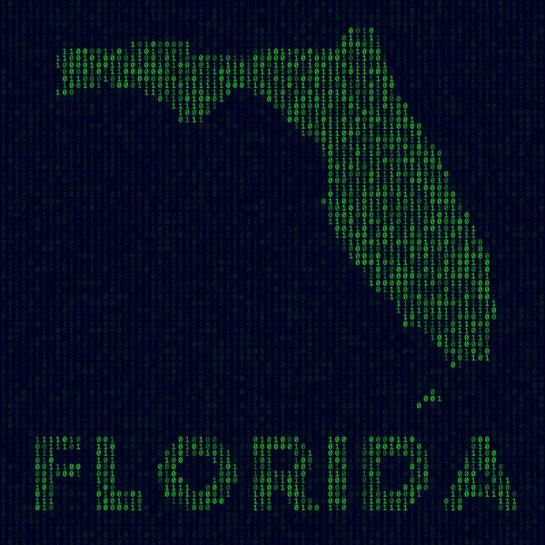 Logotipo digital de Florida símbolo del estado de EE.UU. en el estilo de hacker Mapa de código binario de Florida con el estado de EE.UU. — Vector de stock
