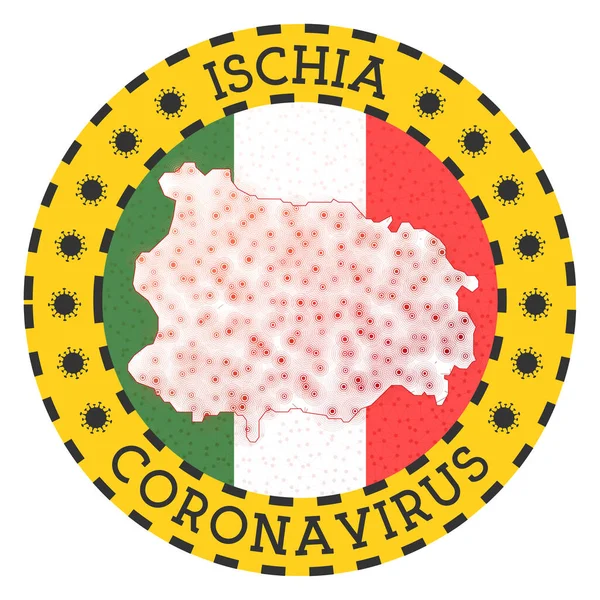 Coronavírus em Ischia sinal Insígnia redonda com forma de Ischia Amarelo ilha bloquear emblema com — Vetor de Stock