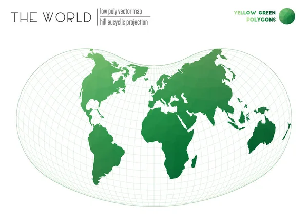 Vector kaart van de wereld Heucyclische projectie van de wereld Geel Groen gekleurde polygonen — Stockvector