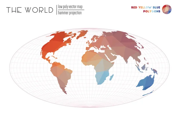 Polygonale kaart van de wereld Hamer projectie van de wereld Rood Geel Blauw gekleurde polygonen — Stockvector