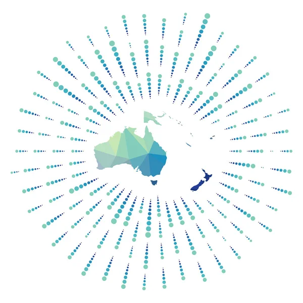 Forme de l'Océanie coup de soleil polygonal Carte du continent avec des rayons étoilés colorés Océanie — Image vectorielle