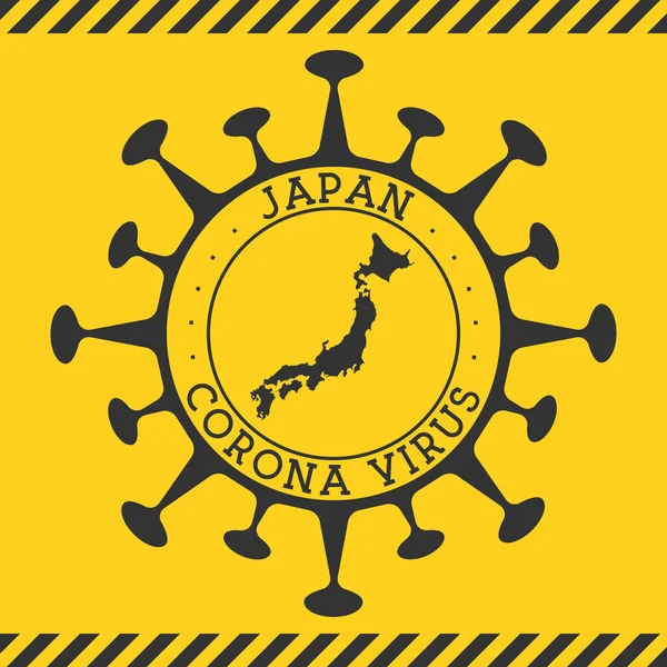 Ιός Corona στην Ιαπωνία υπογράψει στρογγυλό σήμα με το σχήμα του ιού και την Ιαπωνία χάρτη Κίτρινο χώρα επιδημίες — Διανυσματικό Αρχείο
