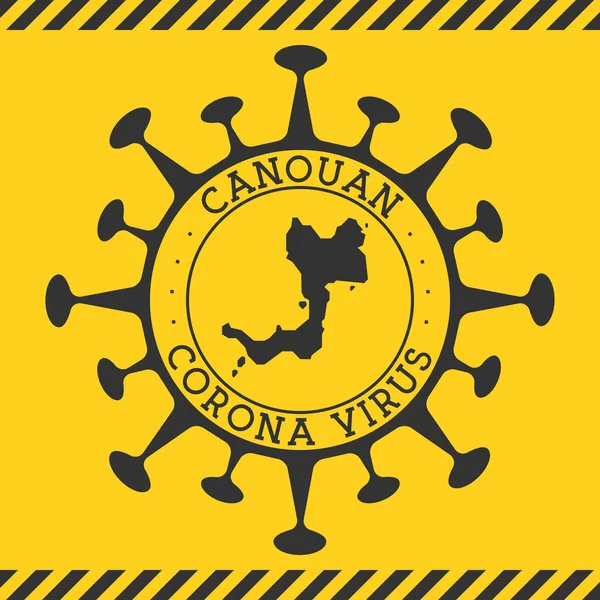 Corona virus i Canouan tecken Rund bricka med form av virus och Canouan karta Gul ö epidemi — Stock vektor