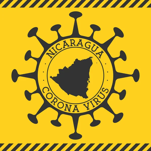 Ιός Corona στη Νικαράγουα υπογράψει στρογγυλό σήμα με το σχήμα του ιού και Νικαράγουα χάρτη κίτρινο χώρα — Διανυσματικό Αρχείο