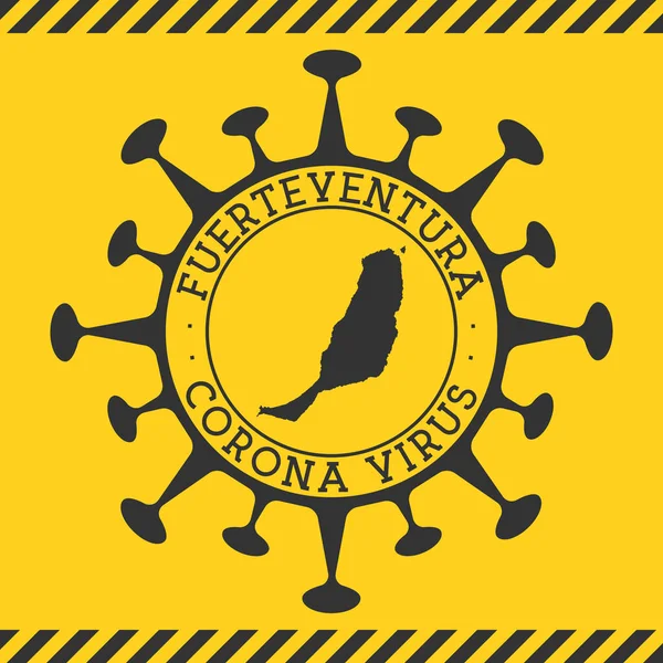 Corona virus i Fuerteventura tecken Rund bricka med form av virus och Fuerteventura karta Gul — Stock vektor