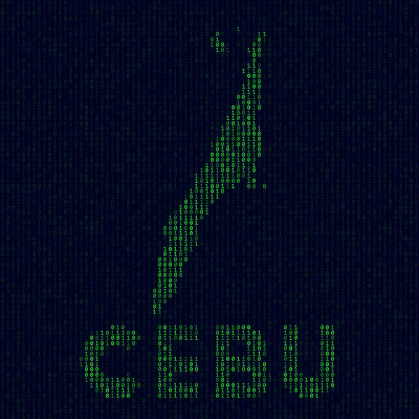 Logo digital de Cebú Símbolo de isla en estilo hacker Mapa de código binario de Cebú con nombre de isla — Vector de stock
