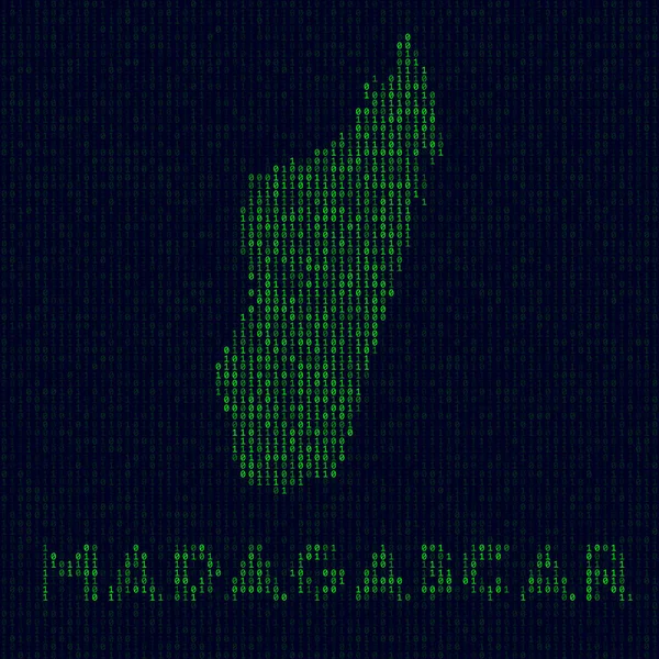 Digitální logo Madagaskaru Symbol země v hackerském stylu Mapa binárního kódu Madagaskaru se zemí — Stockový vektor