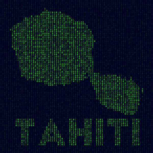 Logo digital de Tahití Símbolo de la isla en estilo hacker Mapa de código binario de Tahití con nombre de isla — Vector de stock