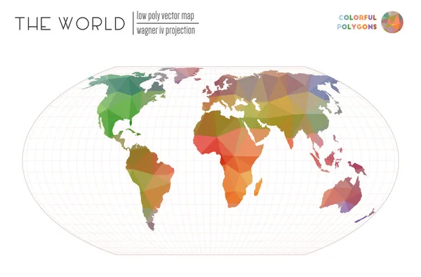 Mappa del mondo in stile poligonale Wagner IV proiezione del mondo Poligoni colorati colorati Trending — Vettoriale Stock