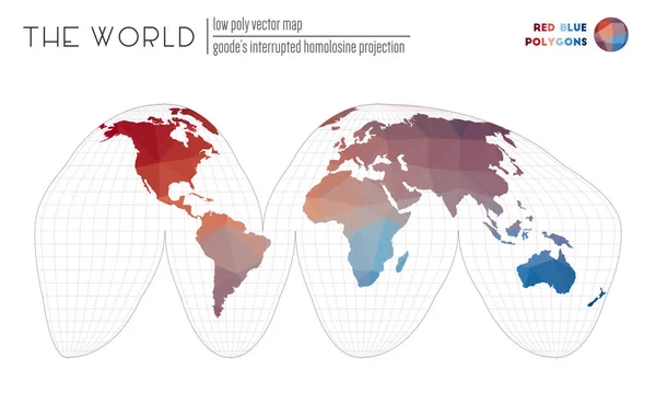 Mappa del mondo a basso poli Goodes interrotta proiezione omolosina del mondo Rosso Blu — Vettoriale Stock