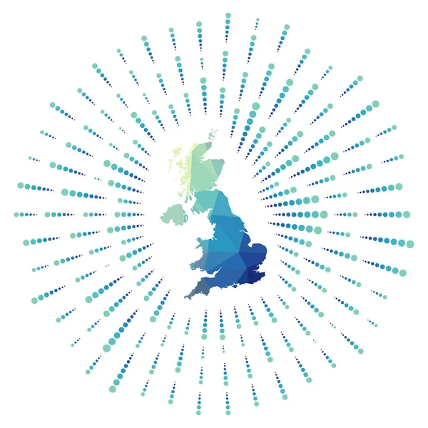 Forma de Reino Unido estallido de sol poligonal Mapa del país con los rayos de estrellas de colores United — Vector de stock