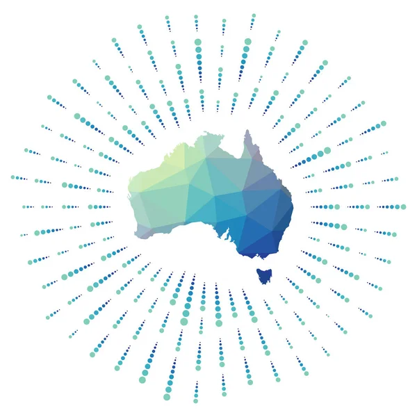 Forme de l'Australie rafale de soleil polygonale Carte du pays avec des rayons solaires colorés Australie — Image vectorielle