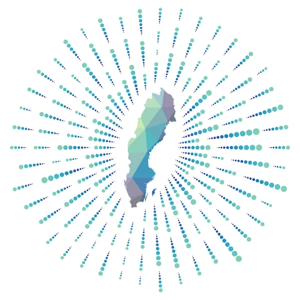 Forma de Suecia estallido solar poligonal Mapa del país con los rayos de estrellas de colores Suecia ilustración — Vector de stock
