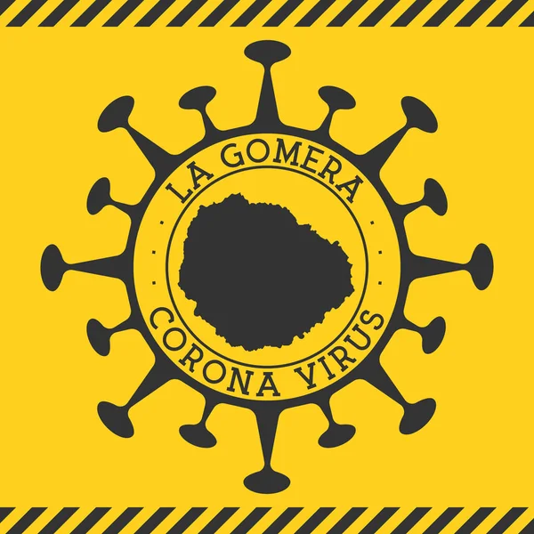 Corona virus i La Gomera tecken Rund bricka med form av virus och La Gomera karta Gul ö — Stock vektor