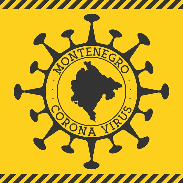 Virus Corona in Montenegro segno distintivo rotondo a forma di virus e Montenegro mappa Paese giallo — Vettoriale Stock