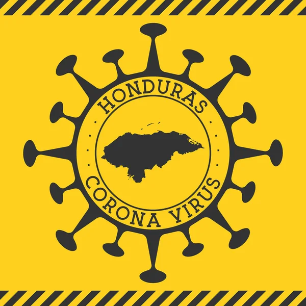 Virus Corona in Honduras segno distintivo rotondo a forma di virus e Honduras mappa Paese giallo — Vettoriale Stock