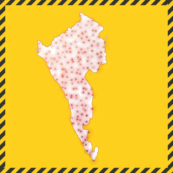コロン島ウイルスの危険標識島のアイコンをロックします。地図の周りの黒い縞模様の境界線と — ストックベクタ