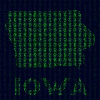 Iowa 'nın Iowa' daki dijital Iowa logosu ABD devlet adına sahip bilgisayar korsanı tarzı ikili kod haritası.