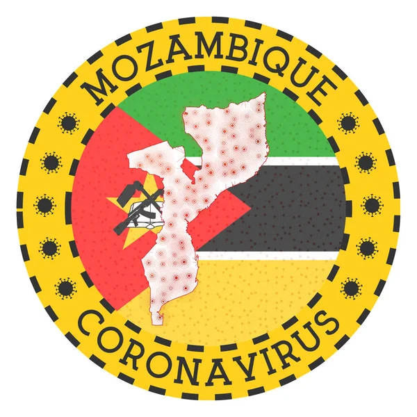 Coronavirus i Moçambique tecken Rund badge med form av Moçambique Gul land låsa ner — Stock vektor